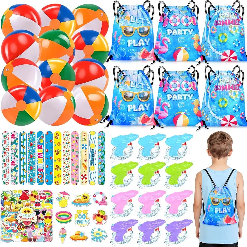 Pool Party Favors and Beach Party Favors for Kids, 108 PCS Beach Party Favors Party Goodie Bag Stuffers, Summer Pool Toys, Including Beach Balls, Slap Bracelets, Stickers, and Drawstring Bags