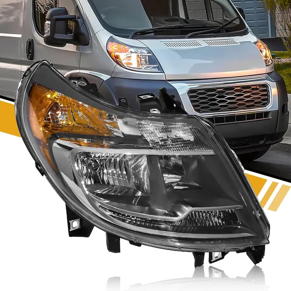 5 Pins Headlight Assembly W/O DRL Compatible with Dodge RAM Promaster 1500 2500 3500 2014-2022, Halogen Headlamp Replacement W/Bulbs, Chrome Housing, 4725944AJ CH2503254 Right Passenger Side
