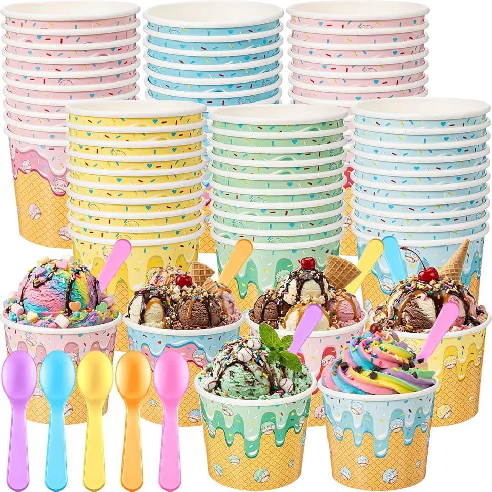 60 Pack Baseball Ice Cream Cups with Spoons Bulk 6 oz Disposable Paper Ice Cream Bowls for Sundae Snack Dessert Yogurt Baseball Drip Summer Party Supplies