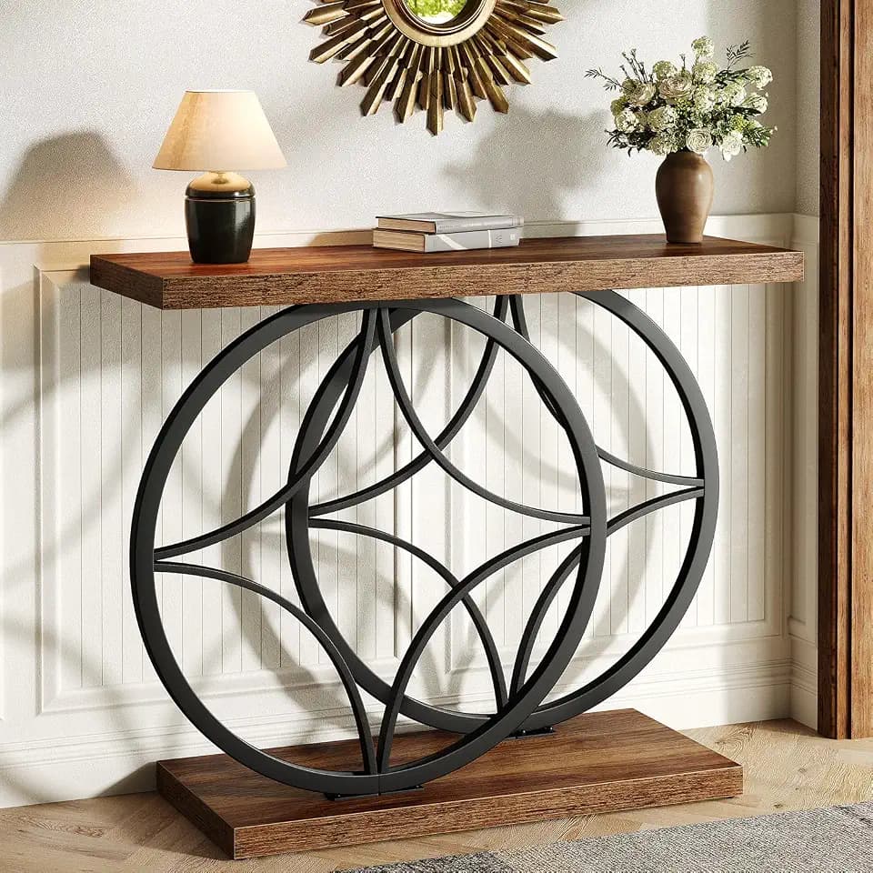 knoworld 39.4" Console Table, Industrial Entryway Table with Anti-Tilt Design, Narrow Wood Accent Sofa Table Behind Couch with Double Circle Base for Entryway, Living Room, Hallway, Foyer