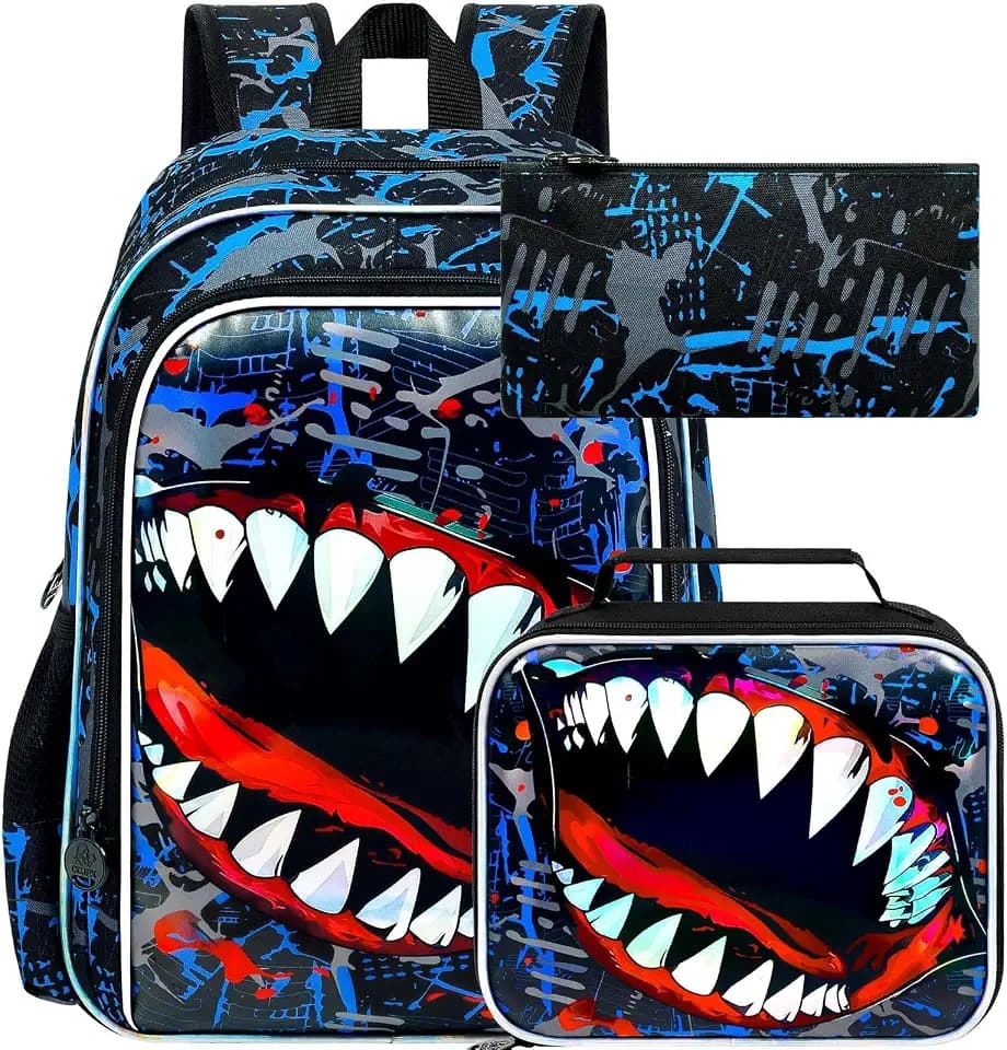 3Pcs Shark Backpack for Boys, 17" Kids Bookbag for Elementary Preschool Kindergarten, School Backpacks with Lunch Box (Blue)