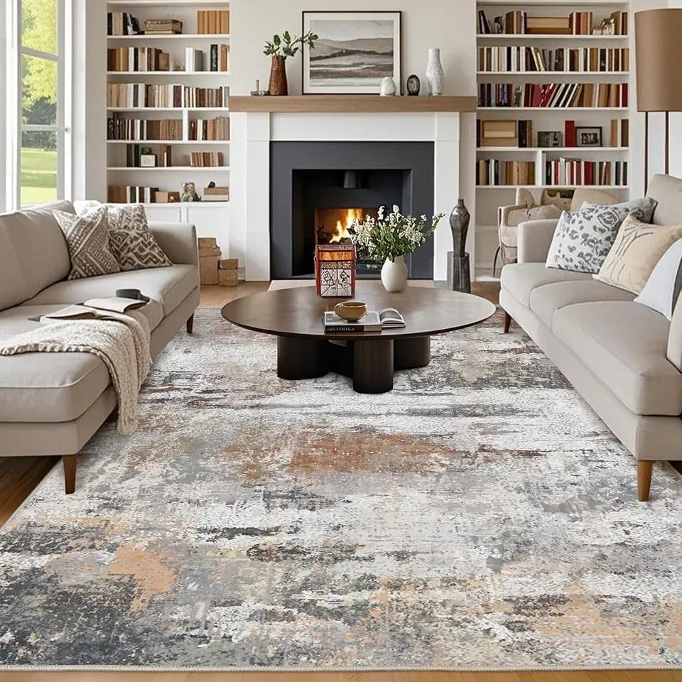 Teppich Wohnzimmer, Großer Teppich 160x230 Waschbar Kurzflor rutschfest Weich, Moderner Abstraktem Muster Teppiche für Schlafzimmer Kinderzimmer Büro Esszimmer, Grau Rost Beige