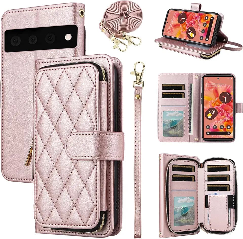 Wallet Case for Google Pixel 6 with Detachable Wrist Strap, 9+ Card Slots Zipper Purse, Luxury PU Leather Stand Full Body Accessories Cell Phone Cover for Pixel6 Pixle Six Women Girls Rose Gold