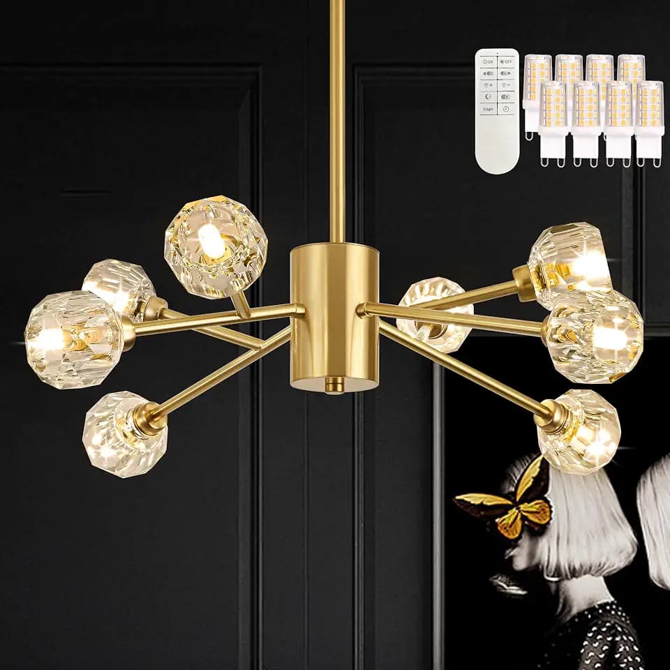 Bagood 27.5" Gold Crystal Sputnik Chandeliers 8-Light Mid Century Modern Crystal Pendant Light Branches Chandelier Contemporary Sputnik Light Fixture for Bedroom (Dimmable Bulb & Remote Incl.)