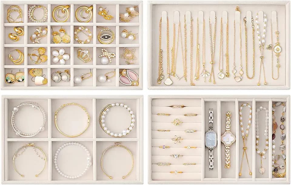Lolalet Jewelry Drawer Organizer Inserts, Stackable Velvet Tray Jewelry Storage Organizers Set Display Cases for Necklaces Bracelets Earrings Rings Chains Bangles Watches, Beige, Set of 4