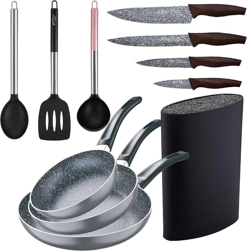 San Ignacio 3-teiliges Pfannen-Set (16 + 20 + 24 cm) aus gepresstem Aluminium, Induktion, schwarz Soul Marble mit 3 Küchenutensilien-Set aus Nylon mit 4 Messern aus Edelstahl