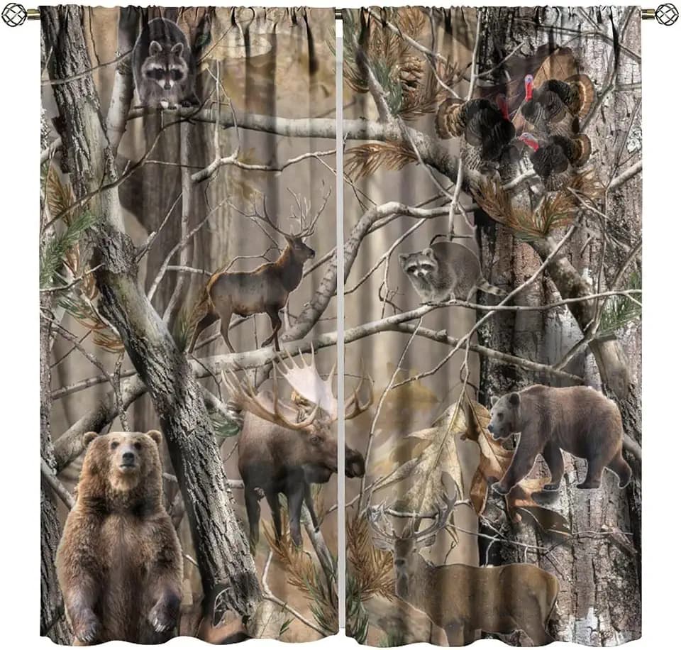 Camo Hunting Window Curtains, Wildlife Animal Hunting Deer Bear Elk Turkey Tree Window Treatment for Bedroom Living Room 42" W X 45" L(No Blackout)