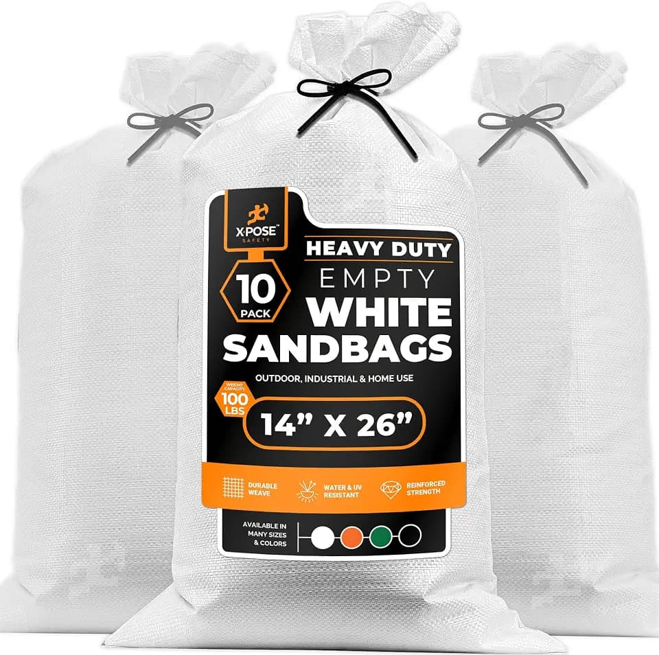Xpose Safety Heavy Duty Sand Bags with Tie Strings – Empty Woven Polypropylene Sandbags for Hurricane Flood Protection, 100 lb Capacity, 14" x 26" (White, 10 Sandbags)