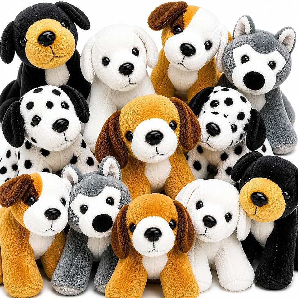 4E's Novelty Plush Dogs Animals (12 Pack) Assorted Stuffed Puppies - 5 Inches, Small Plushed Animals, 6 Designs - for Birthday Party Favors Gifts for Kids