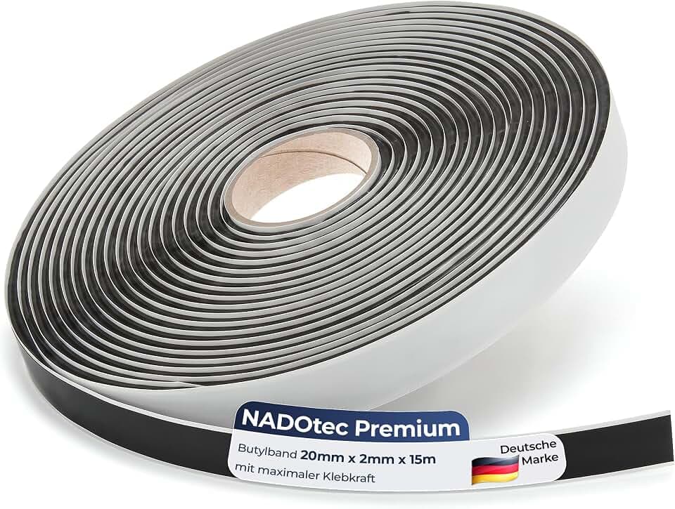 NADOtec Butylband Schwarz 20mm x 2mm x 15m - beidseitig klebend Dichtband für Auto, Fenster, Tür & Dachrinne - wasserfeste Butyl Dichtschnur für Fugen Abdichtung - Universal Dichtung - Dichtungsband