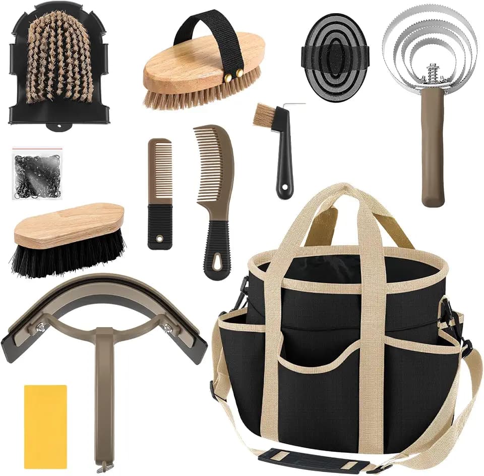 Abbylike 12 Piece Horse Grooming Kit with Organizer Tote Bag Brush Sets for Derby Day Show Horses Professional Tools for Care & Massage(Black and Dark Grey)