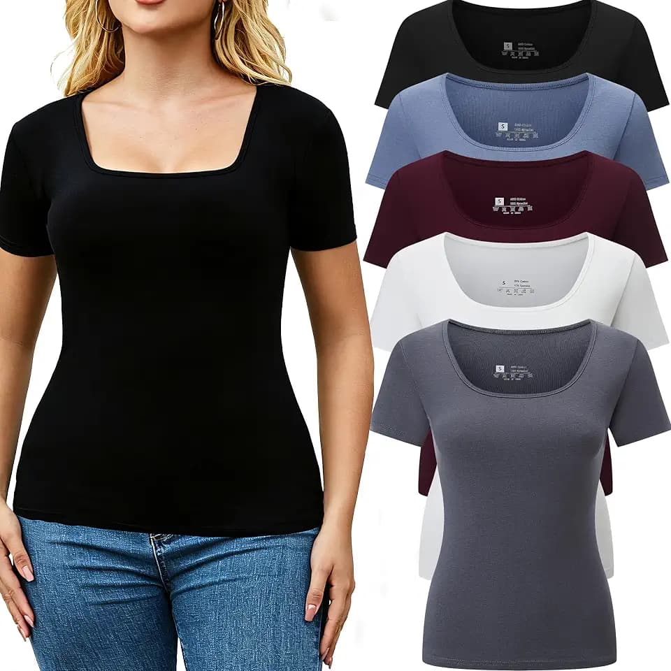 Womens 5 Pack Square Neck Tee Short Sleeve Slim Fit Casual Basic Top