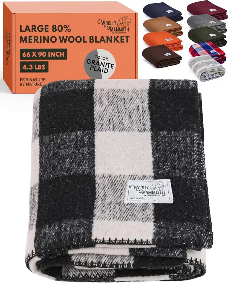 Woolly Mammoth Woolen Company Urlaub auf dem Bauernhof Kollektion Karierte Wolldecke 66" x 90" Schwarz/Creme Plaid