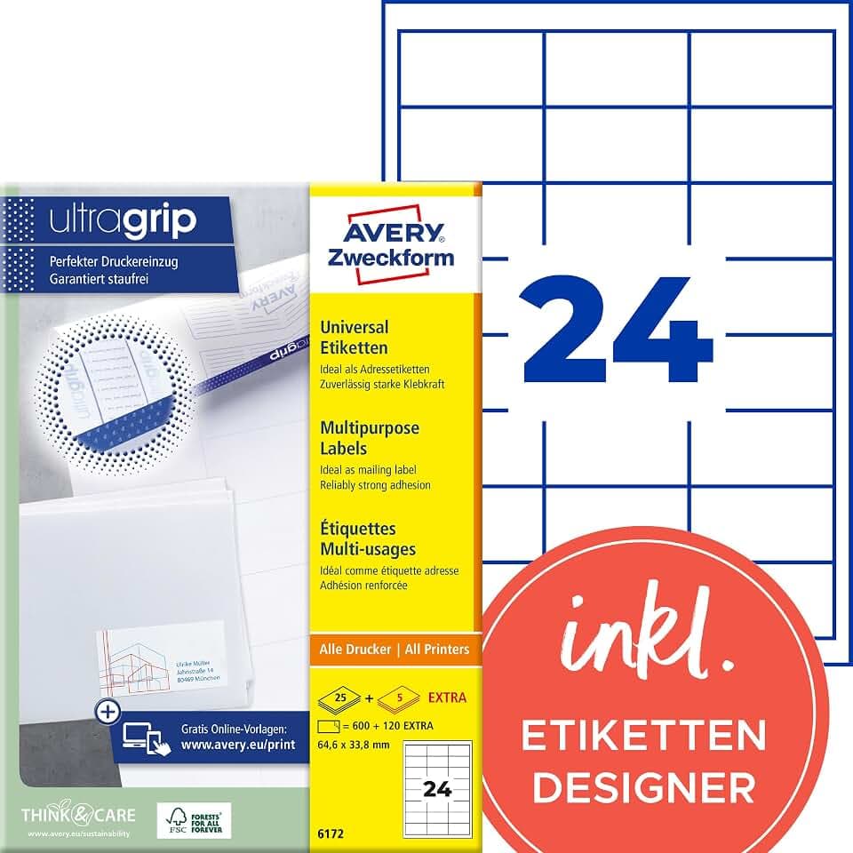 Avery Zweckform 6172 Universal-Etiketten, 25 Blatt/600, 64.6 x 33.8 mm, weiß