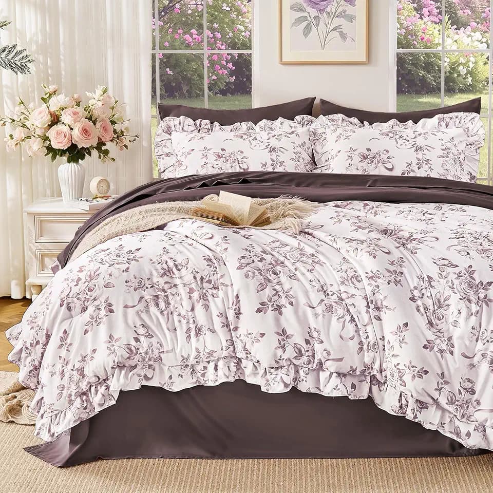 Litanika Floral Queen Size Comforter Purple-7 Piece Ruffle Bedding