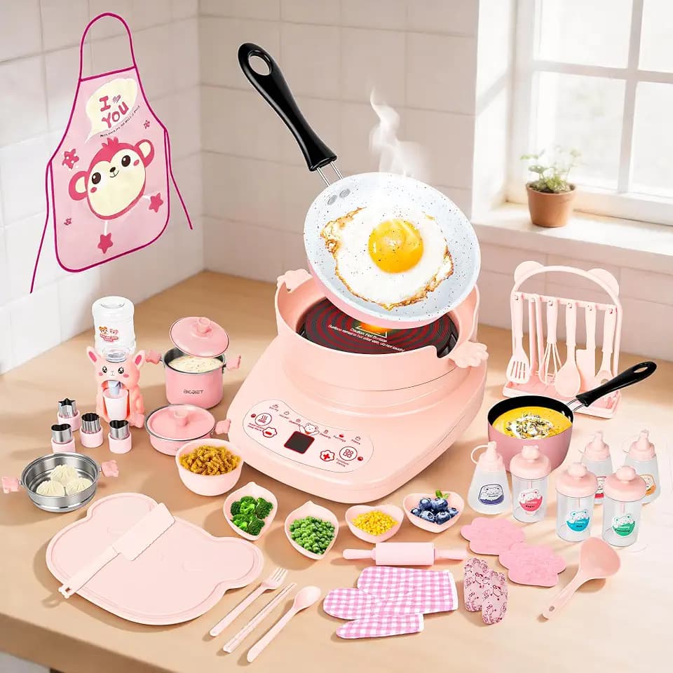 Mini Real Cooking Set for Teens ，42 PCS Electric Hot Plate Kit (Pink)