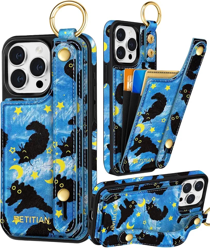 Petitian for iPhone 13 Pro Max Wallet Case for Women, Blue Cat