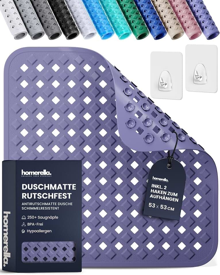 homerella Duschmatte rutschfest 53x53cm Antirutschmatte Dusche inkl 2 Haken