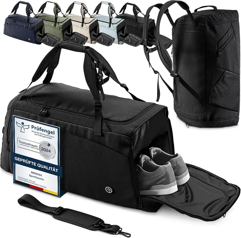 Sporttasche Trainingstasche + Rucksackfunktion, Schuhfach, Nassfach | Reisetasche Schwimmtasche Fitnesstasche Sport Gym Fitness Umhängetasche Handgepäck Weekender Bag Herren Damen | 60 L, Schwarz