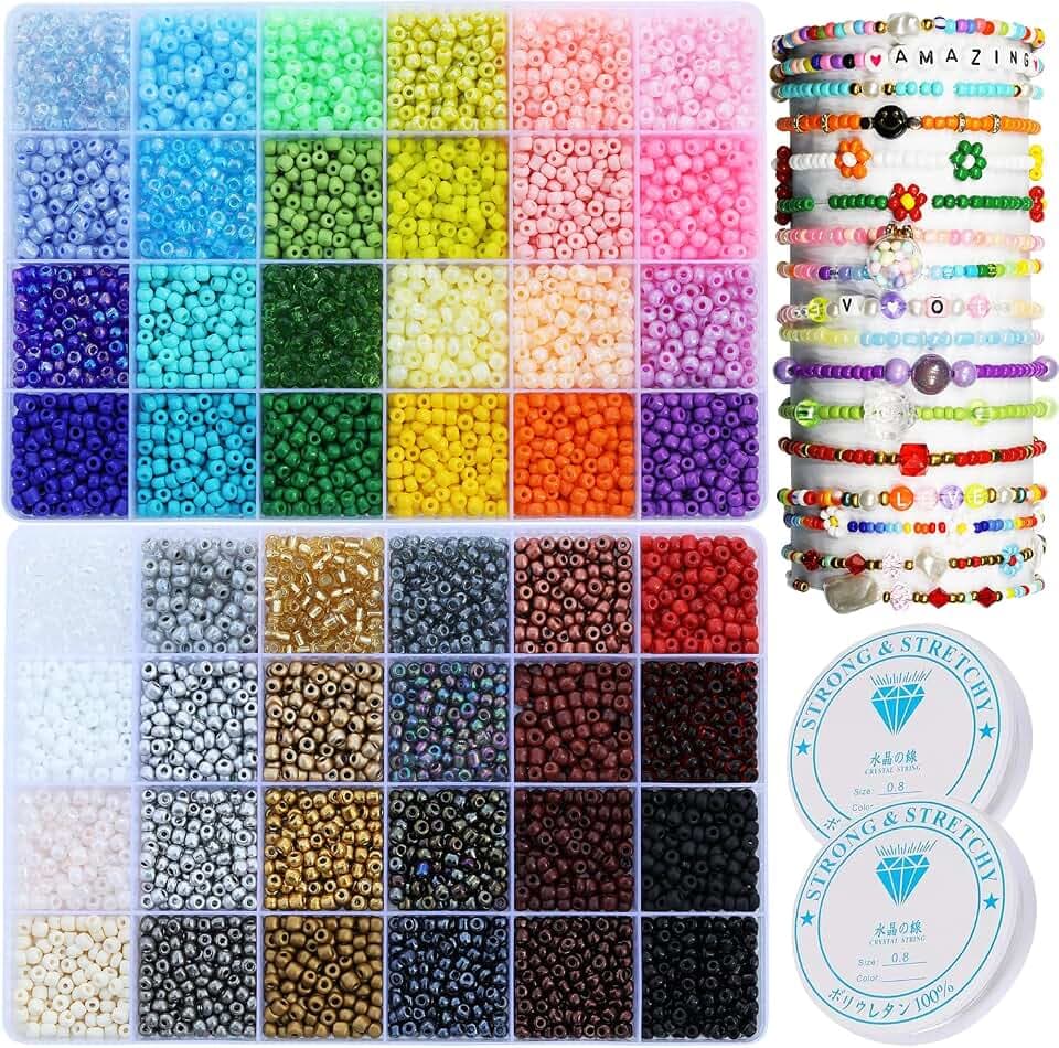 8600 pcs 4mm 6/0 Glas Samenperlen, Schmuck Herstellung Perlen Kit Geschenke Kleine Handwerk Glasperlen mit Perlen Elastische Schnur für Armbänder Ohrringe Halsketten Herstellung(48 Farben)
