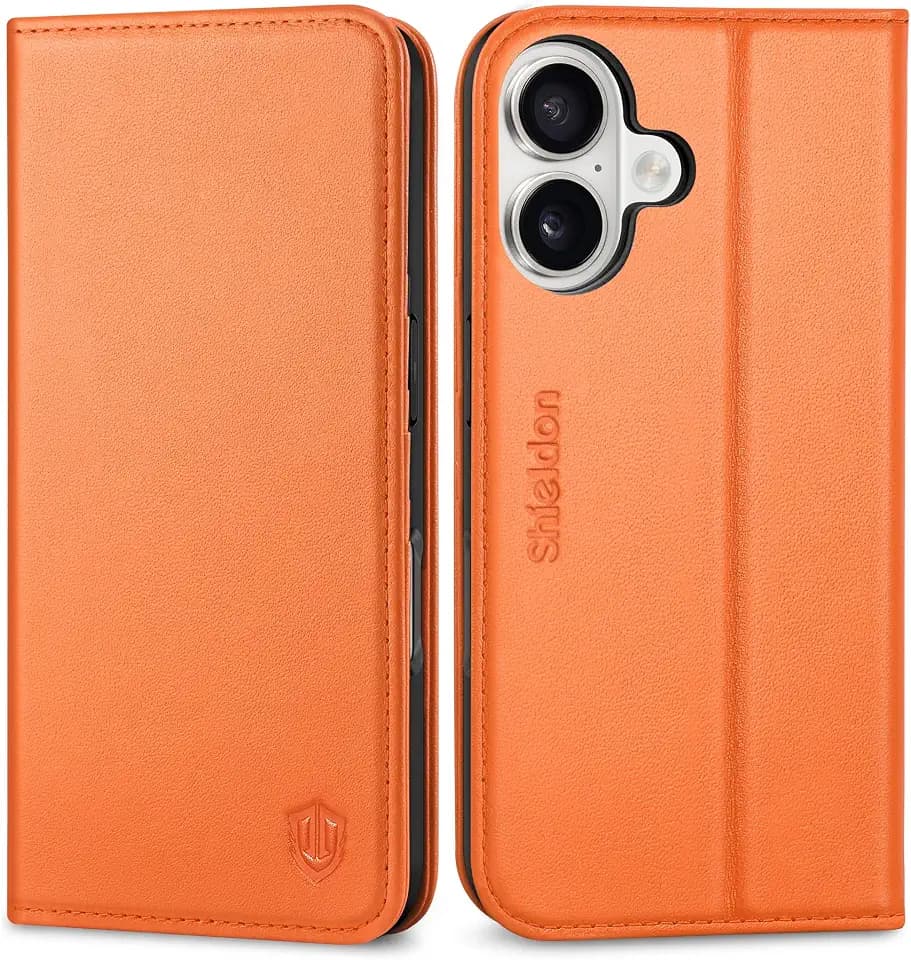 SHIELDON Genuine Leather Flip Wallet Case for iPhone 17 6.3" 2025, Orange