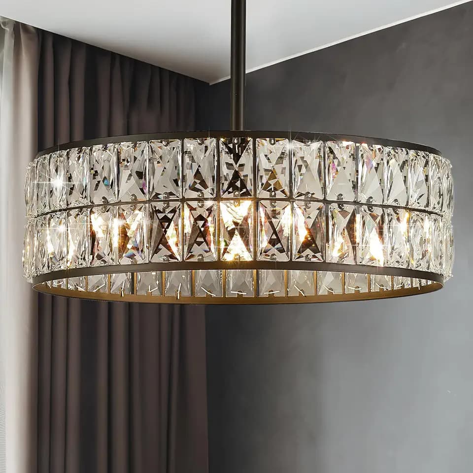 16” 4-Light Modern Crystal Chandeliers Black Dinning Room Light Fixture with Two Rods, Round Pendant Light Kitchen Island Chandelier, Flush Mount Ceiling Light for Living Room Entryway