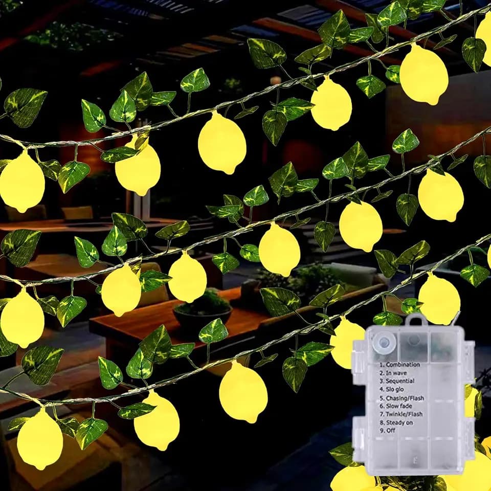 3D Lemon String Lights Battery Operated 14ft 20leds Lemon Decor Lights String with Leaves Fairy Lights for Bedroom Garden Party Decorations