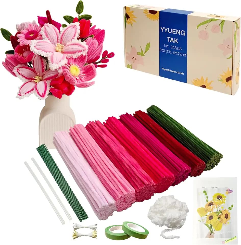 350 Stück Pfeifenreiniger Blumen set（Rot & Pink）,Geschenkbox enth Anweisungen,Chenille Wolle zum pfeifenputzer Blumen，20 Blumendraht,100 Staubblatt,2 Klebeband,für Blumen Basteln,Diy & Deko