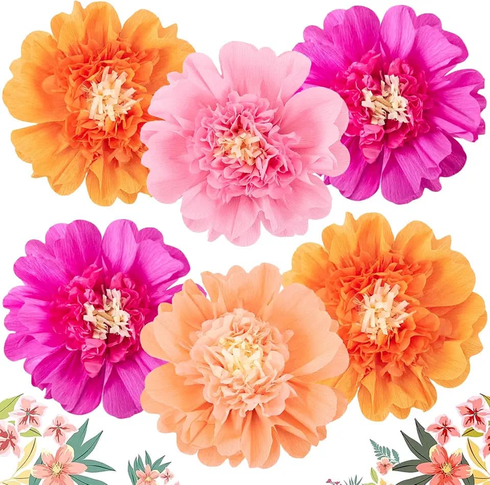 SUNBEAUTY 6PCS Hot Pink and Orange Paper Flowers 12 Inch Large Tissue Paper Flowers Decorations for Wall Giant Crepe Paper Flowers for Girl Women Birthday Office Classroom Bridal Wedding Backdrop