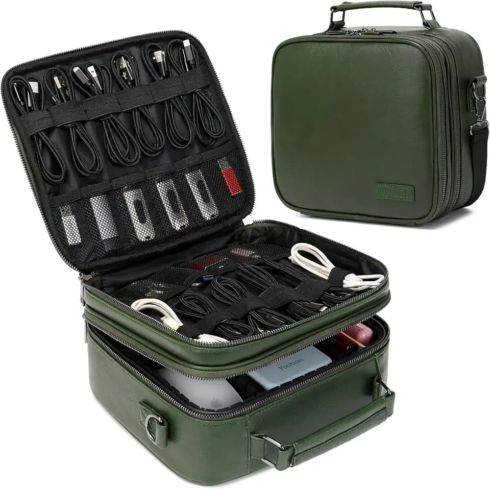 KYALOU Electronics Travel Organizer, Large Electronic Accessories Cable Case with Adjustable Dividers, Waterproof Tech Storage Bag Gifts with Double Layers for Cord, Charger, Power Bank - Olive Green