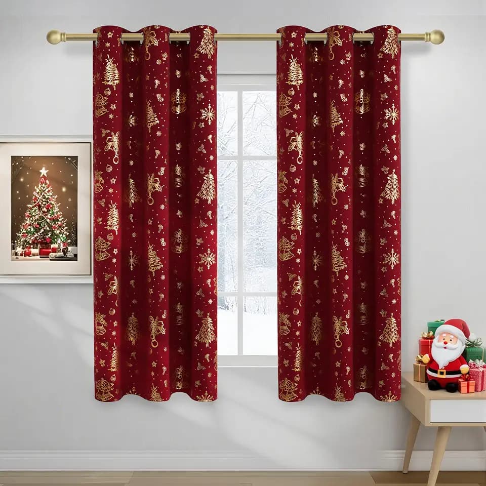 NICETOWN 2 Panels Christmas Red Grommets Curtains 42 x 63 Inch, Gold Stamping Xmas Theme Window Treatment Drapes for Holiday Party Home Decor, Decorative Blackout Curtain Set