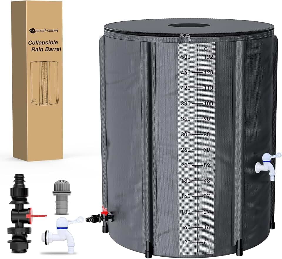 Yesker Collapsible Rain Barrel, 132 Gallon Portable Rainwater Collection System, 550D PVC Water Storage Tank, Rain Catcher with Spigots Filter Overflow Kit, Grey