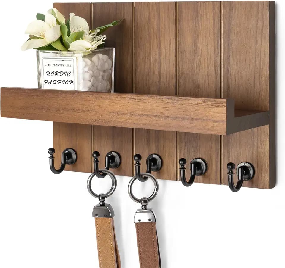 Rebee Vision Schlüsselbrett mit Ablage aus Holz für die Wand – Schlüsselhalter mit 5 Schlüsselhaken, Wandregal & Post-Organizer, Landhausstil Dekoration für Eingangsbereich & Flur, Braun