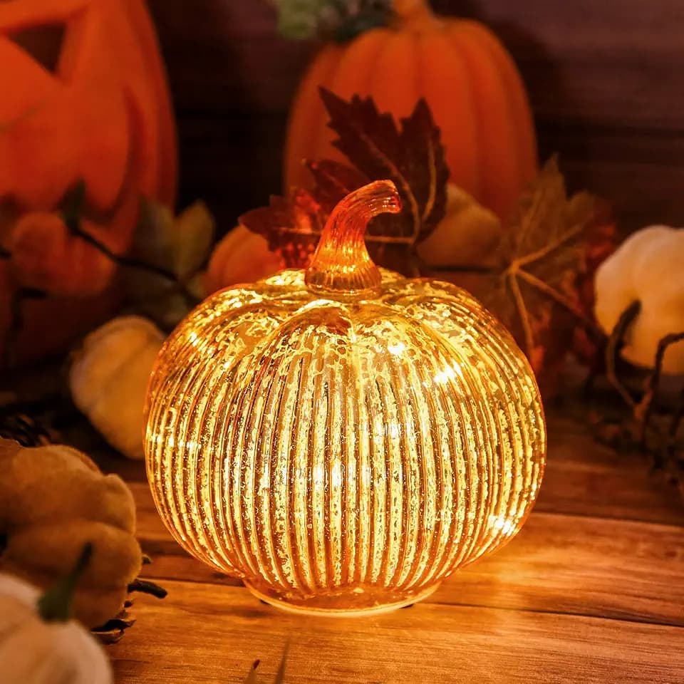 Herbstliche dekorative Kürbislaterne aus gestreiftem Glas, Halloween-Dekoration und Thanksgiving-Tischdekoration, batteriebetriebenes Herbstlicht für Partys und Zuhause -Gold