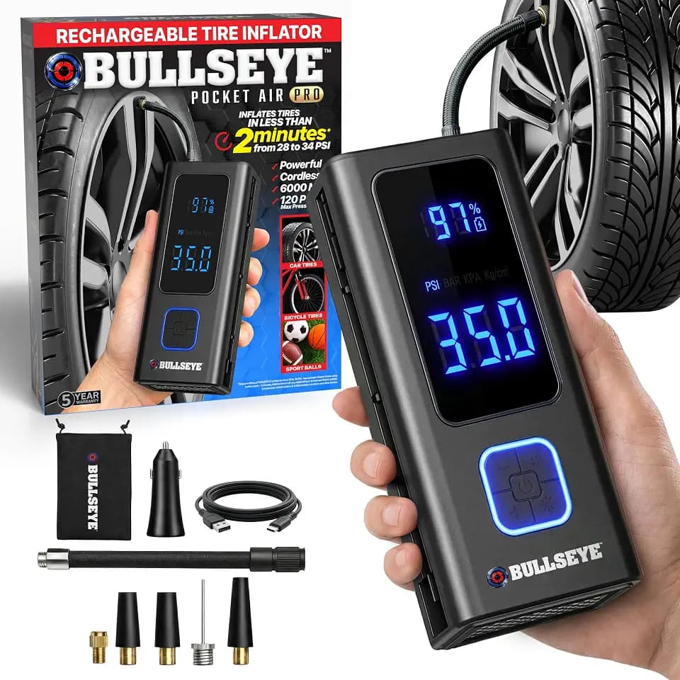 POCKET AIR PRO Tire Inflator Portable Air Compressor by Bullseye Pro for Tires, Balls, Inflatables, Auto Shut Off, Inflates in 2 Min, Cordless Rechargeable 6000 mAh,120 PSI, SoS Light for Emergencies