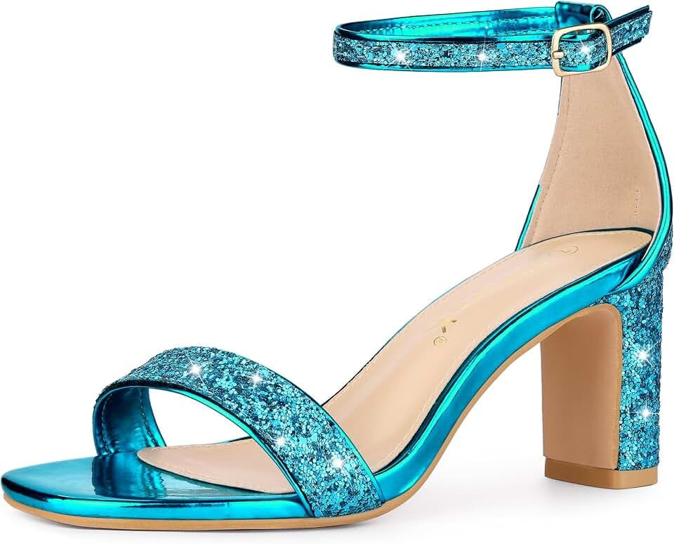 Allegra K Damen-Sandalen mit glitzernden Knöchelriemen, klobiger Absatz, 34 EU/Etikettengröße 0 US