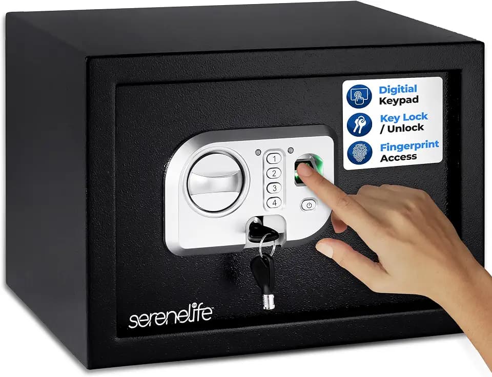 Serenelife Heavy Duty Fireproof Electronic Fingerprint Safe Box | Electronic Lock with Mechanical Override, Digital Touch Button Control Pad | Includes 2 Keys for Unlocking | 9.8D x 13.8W x 9.8H