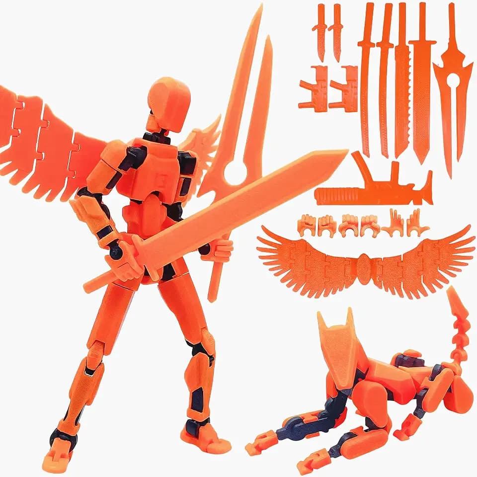 T13 3D Action Figures Set Titan 13 Action Figure Dummy 3D Printed Robo Multi-Jointed Movable Toy with Full Articulation for Collectors Desktop (Assembly Completed Orange Black Figure + Dog)