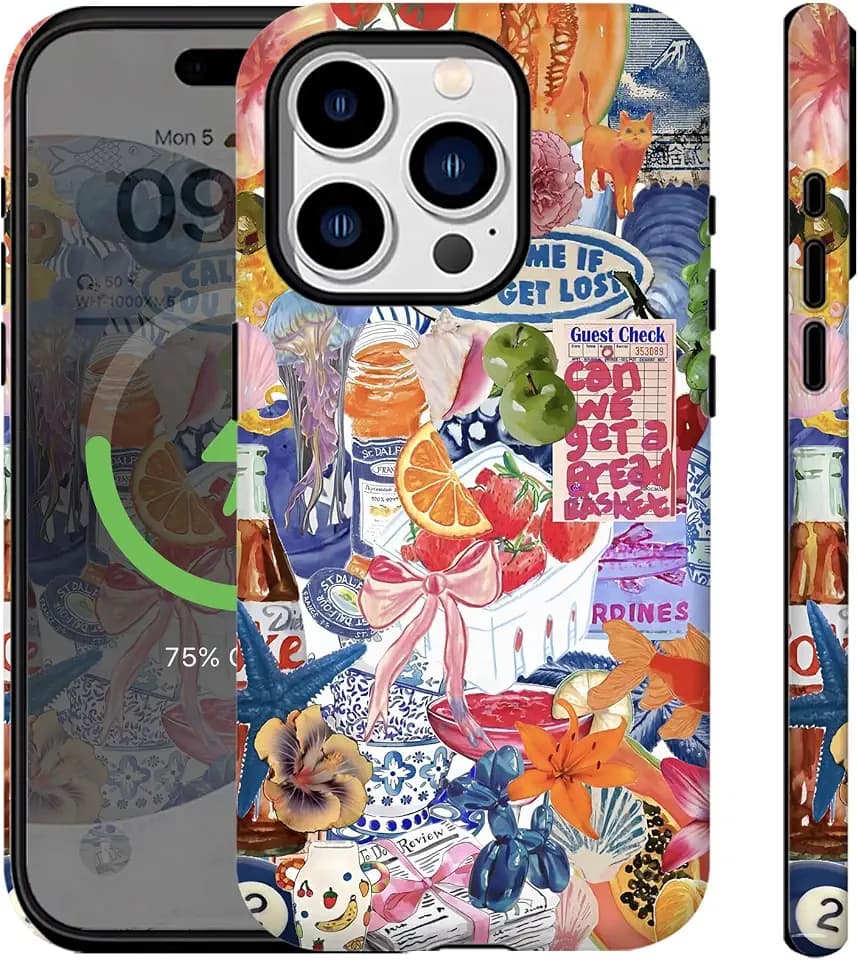 Compatible for iPhone 15 Pro Case Vintage Blue Collage Y2K European Summer Flowers Bow Cute Aethetic [Compatible with Magsafe] Rugge 2-in-1 Layer Shockproof Anti-scratch Phone Case for iPhone 15 Pro