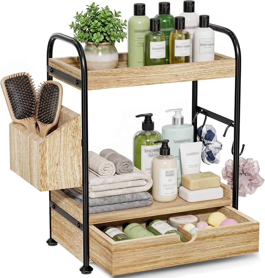 Kottwca 2-Tier Bathroom Counter Organizer, Wooden Vanity Shelf, Light Brown