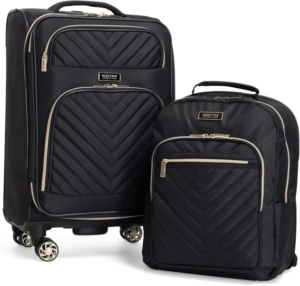 Kenneth Cole REACTION Chelsea 2-Piece Bundle - 20" Chevron Expandable 8-Wheel Carry-On Suitcase & Matching 15" Laptop Backpack, Black