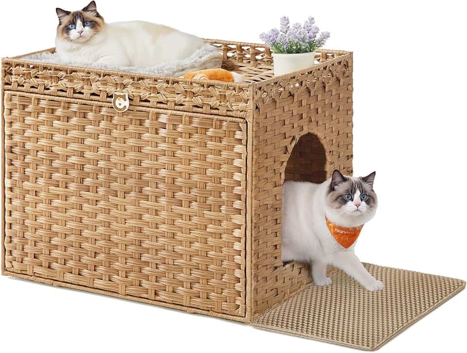 Feandrea Cat Litter Box Enclosure, Handwoven Rattan End Table, Extra Mat