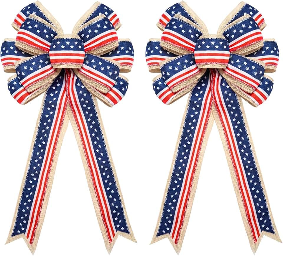 2 Pcs 4th of July Bow for Wreath Decorations,Red White Blue Stripe Stars and Burlap Tree Topper Bows for Patriotic Independence Day Memorial Day Veteran's Day Outdoor Decor