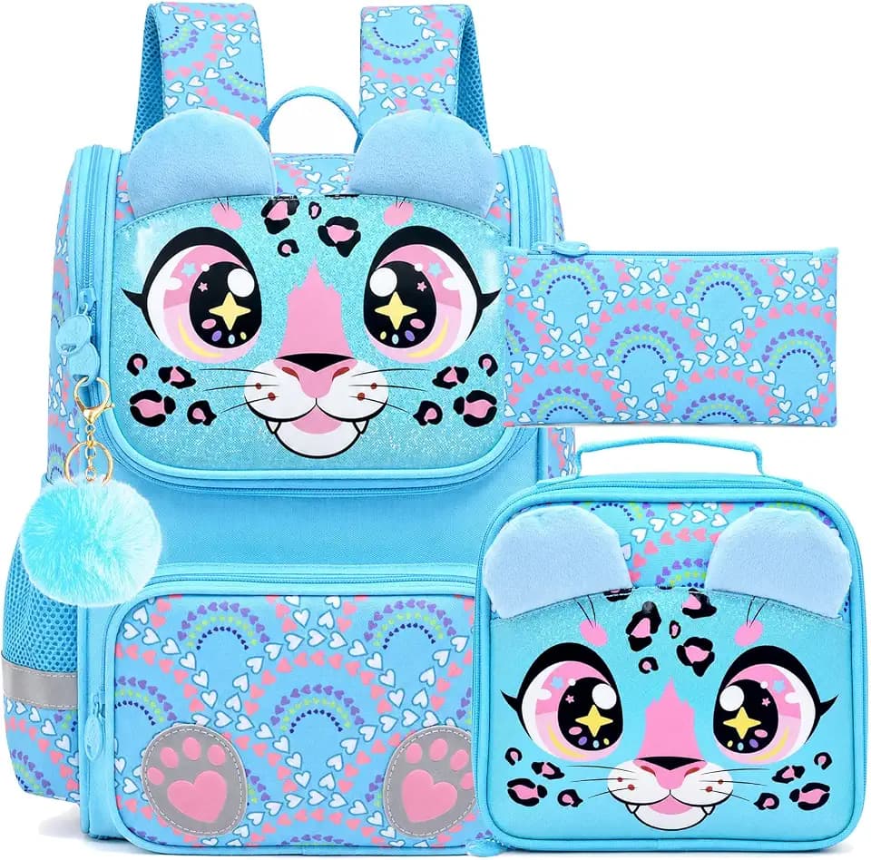 UFNDC 3-Piece Leopard Backpack Set for Girls, 15" Kids' Bookbag with Lunch Box, Blue School Bag for Elementary, Preschool, and Toddlers