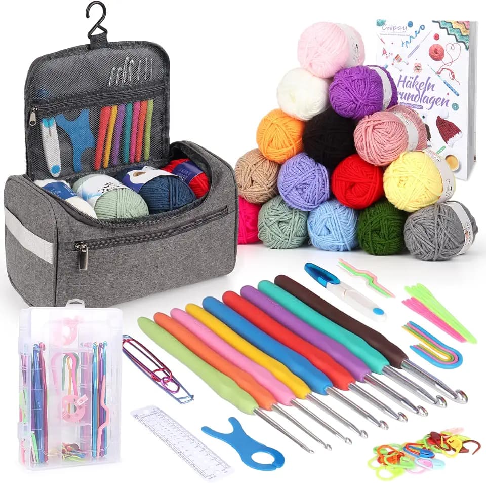 Coopay Tragbar Häkelset für Anfänger, Häkelnadel Set mit 15 Wolle, Tasche, Häkelzubehör, Ergonomische Häkelnadeln mit Weicher Griff und Metall Häkelnadel, 2,0-10 mm Praktische Häkelnadeln, Hellgrau