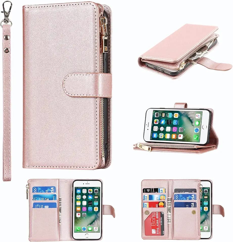 Wallet Case for iPhone 7 Plus/8 Plus with Wrist Strap,5.5",Rosegold