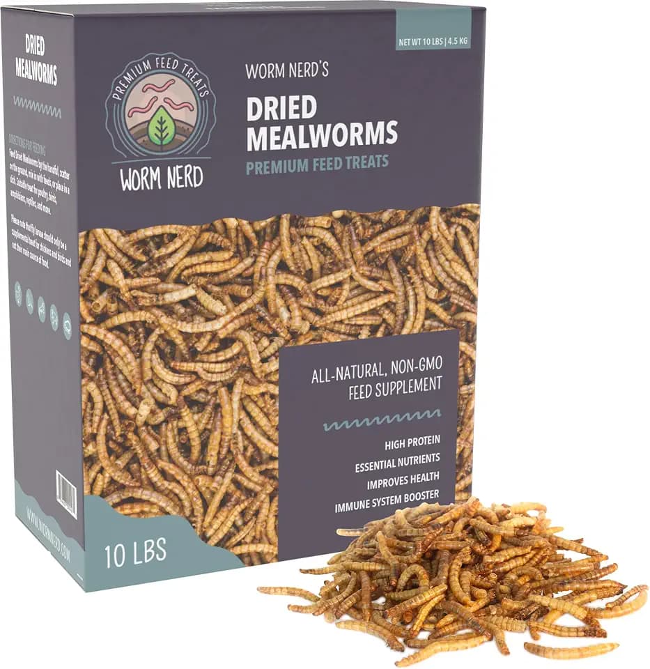Worm Nerd WN61 10LB Dried Mealworms Non-GMO High Protein and Fiber Treat for Chickens, Birds, Reptiles, Amphibians, Fish., 10 POUNDS