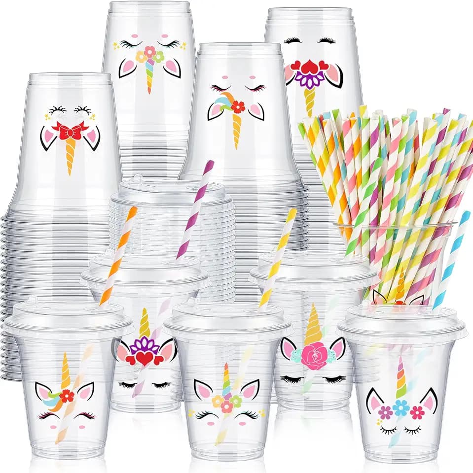 Boao 36 Sets Unicorn Party Cups with Lids and Paper Straws
