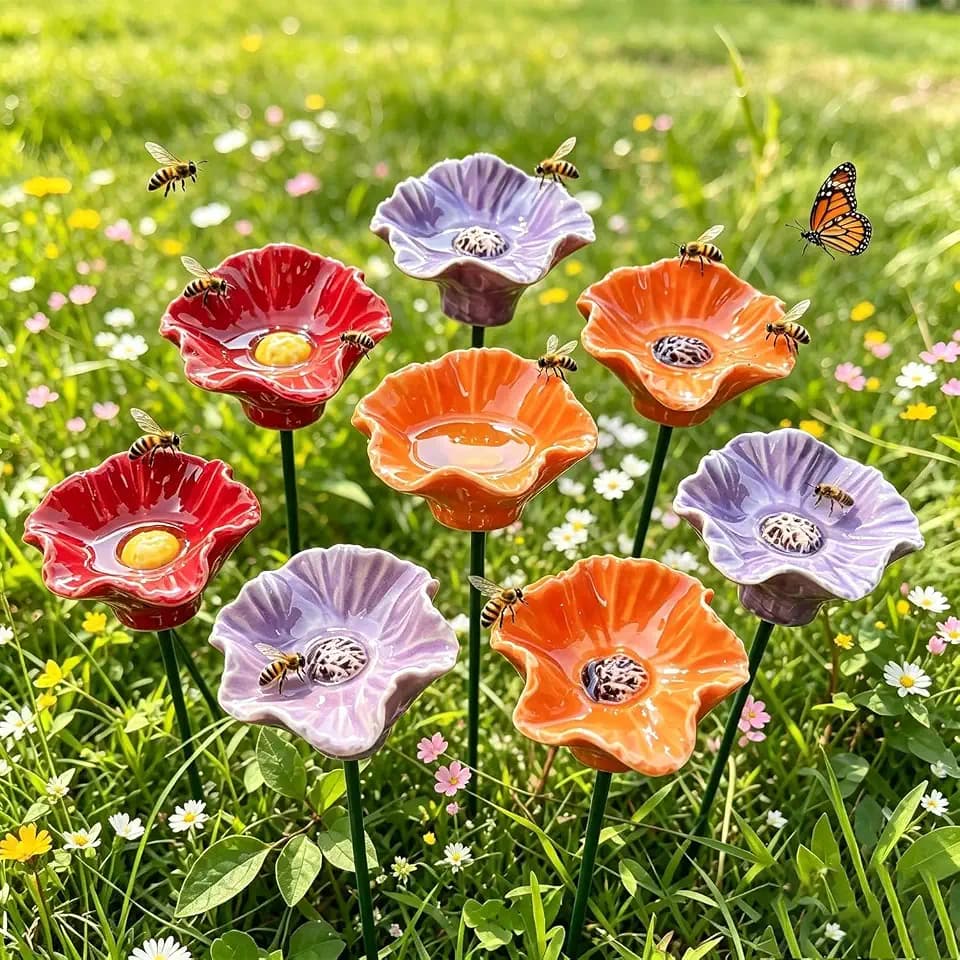 6 pcs Ceramic bee Watering Station for Garden Ceramic Mini Flower for Bees Blossoms for Water (Color 6 pcs, 4.5cm)