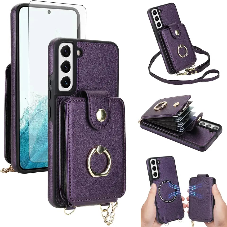 Phone Case for Samsung Galaxy S22 5G Magnetic Wallet Cover Detachable and Screen Protector Ring Kickstand Compatible with MagSafe RFID Blocking S 22 22S 4G G5 6.1 inch for Women Men Dark Purple